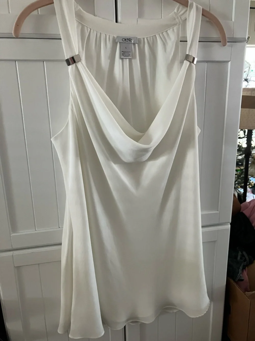 Cache Cream Cowl Neck Sleeveless Camisole with Metal Strap Accents - Picture 4 of 9